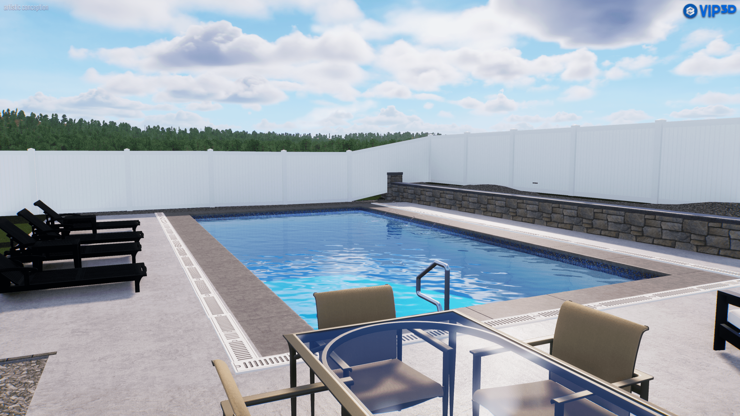 A serene outdoor pool area with lounge chairs, a table, and trees in the background, enclosed by a white fence.