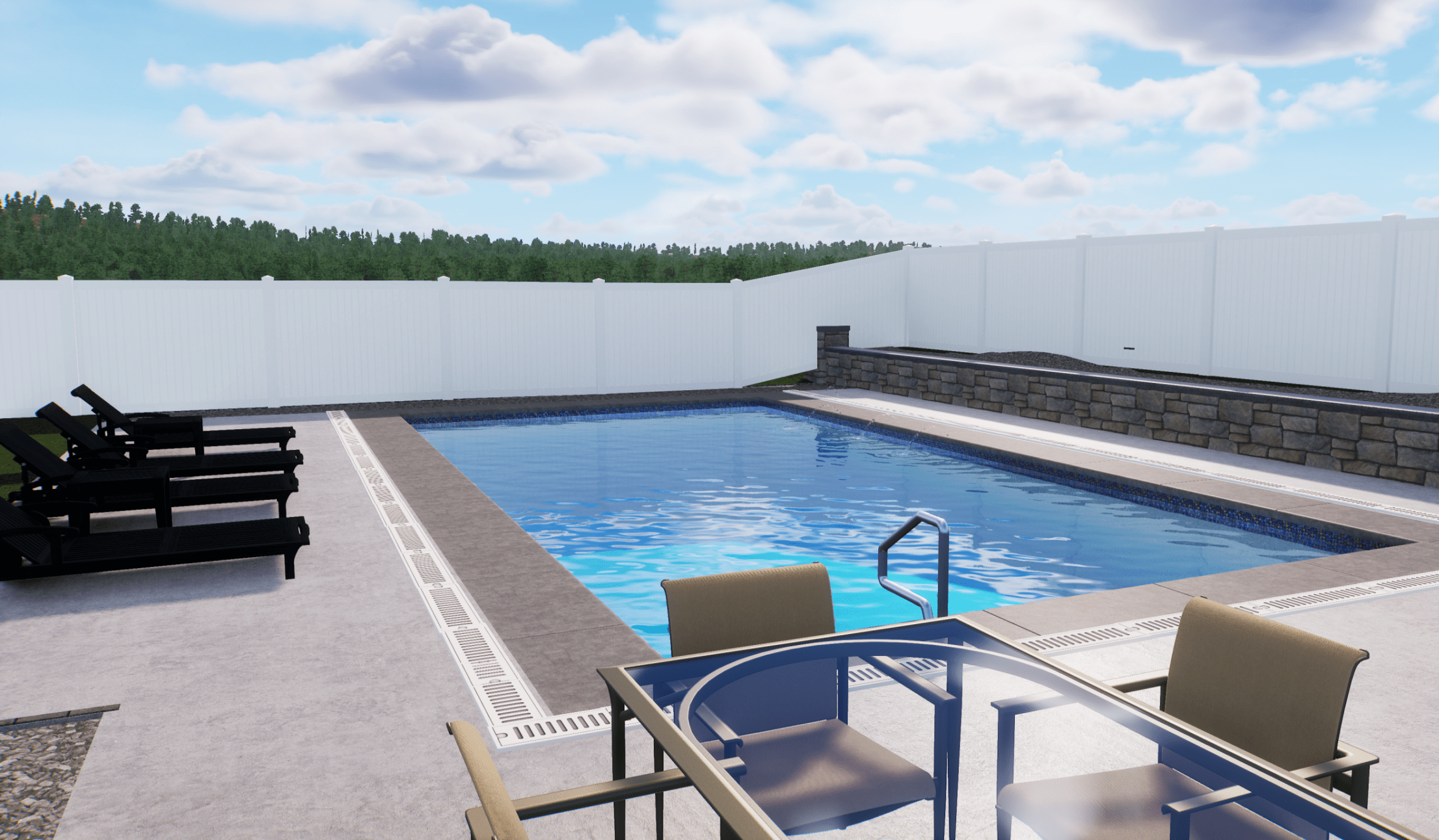A serene backyard with a swimming pool, lounge chairs, and a glass table, surrounded by a white fence and trees in the distance.