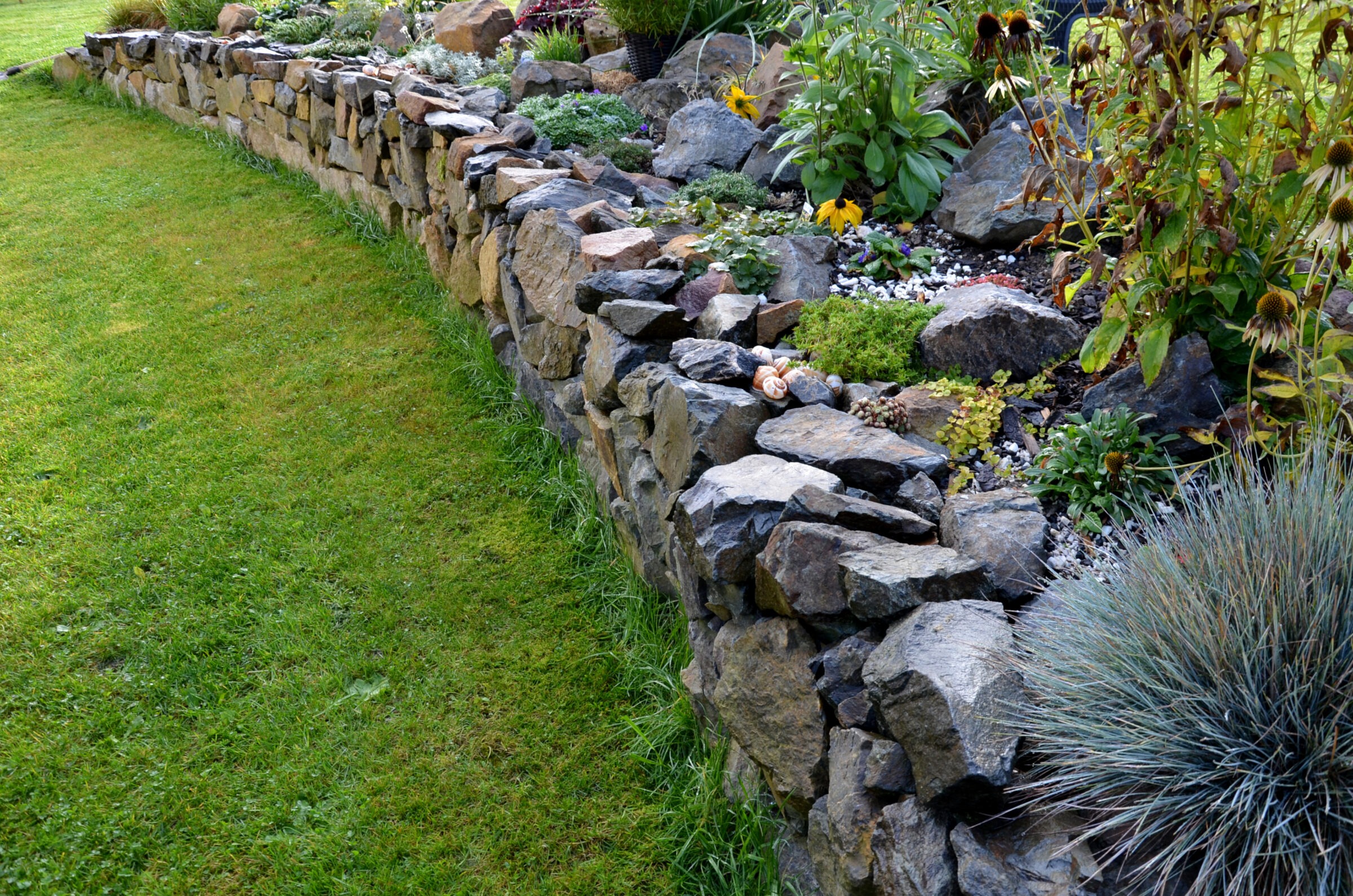 Stone garden wall with colorful plants and flowers, surrounded by well-maintained grass, creating a serene and natural outdoor landscape.